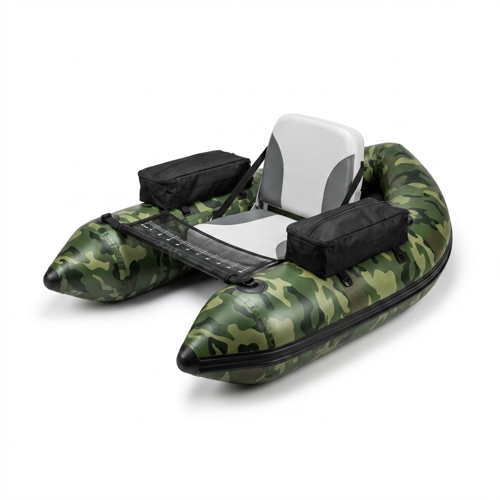 Camouflage Inflatable Fishing Float Tube with Fish Ruler Angling Base 2 Storage Pockets Pump — Studio Shot