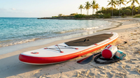 130 In. L X 28.3 In. W X 3.9 In. H White/Red Inflatable Surfboard Paddleboard Surfing Board with ISUP Accessories — Lifestyle